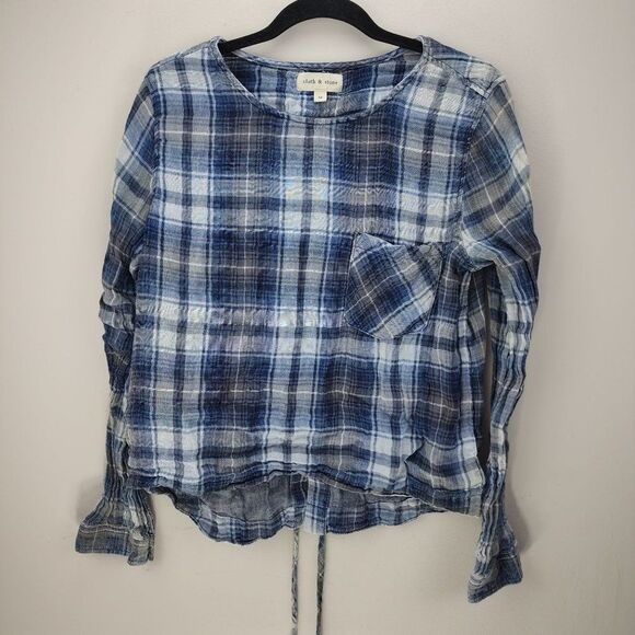 Cloth & Stone Braided Back Blue Plaid Long Sleeve Shirt Size Medium - Picture 2 of 6